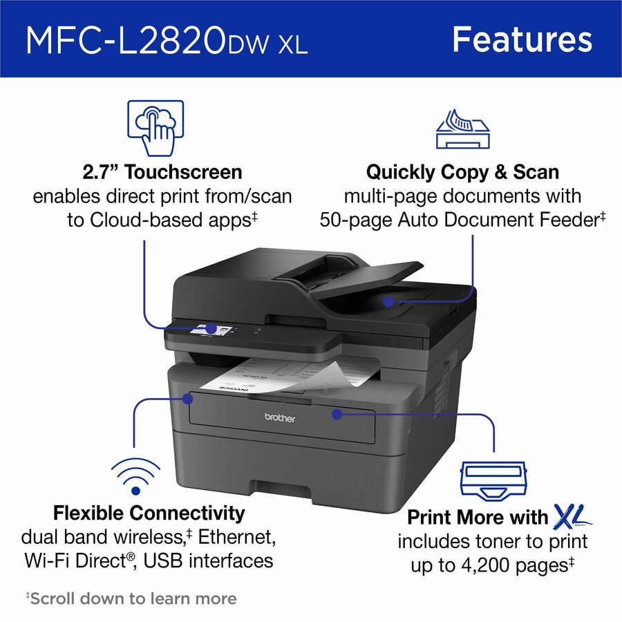 Brother MFC-L2820DWXL Wireless Laser Multifunction Printer - Monochrome - Gray - MFCL2820DWXL