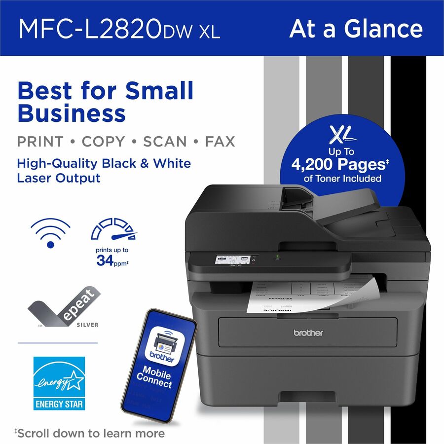 Brother MFC-L2820DWXL Wireless Laser Multifunction Printer - Monochrome - Gray - MFCL2820DWXL