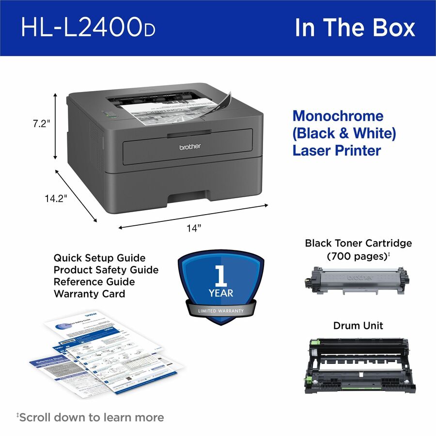 Brother HL-L2400D Desktop Wired Laser Printer - Monochrome - HLL2400D