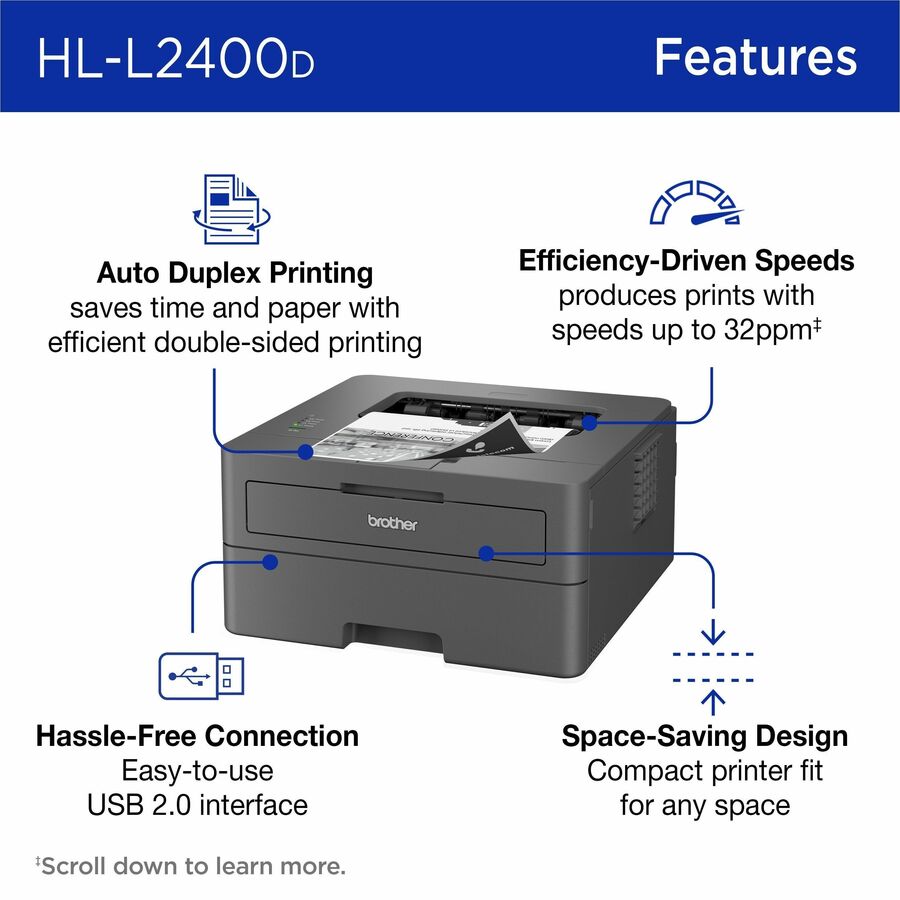 Brother HL-L2400D Desktop Wired Laser Printer - Monochrome - HLL2400D