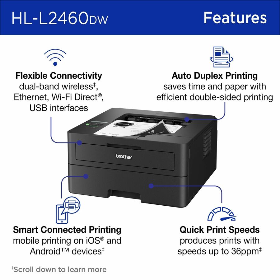 Brother HL-L2460DW Desktop Wired Laser Printer - Monochrome - HLL2460DW