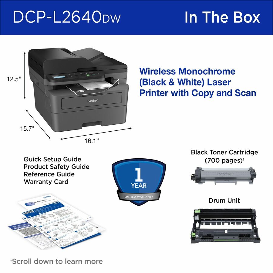 Brother DCP-L2640DW Wireless Laser Multifunction Printer - Monochrome - Gray - DCPL2640DW