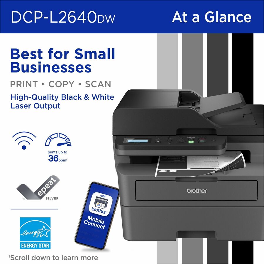 Brother DCP-L2640DW Wireless Laser Multifunction Printer - Monochrome - Gray - DCPL2640DW