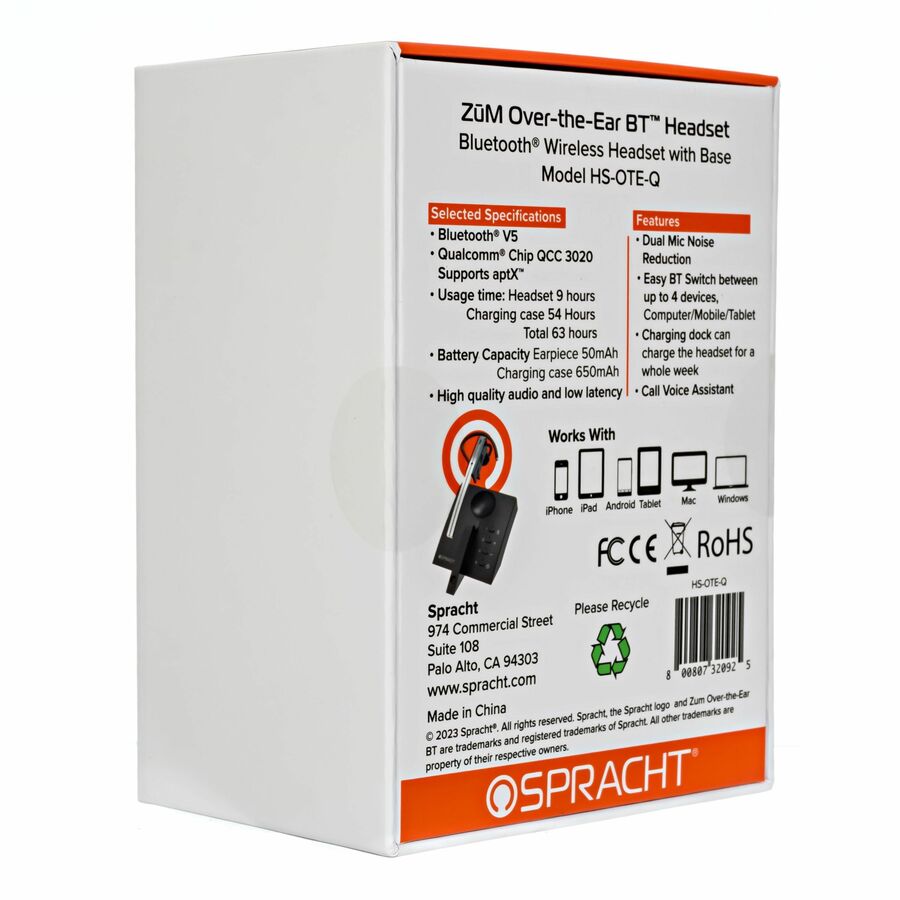 Spracht ZUM Over-the-Ear Bluetooth Headset & Base - HSOTEQ