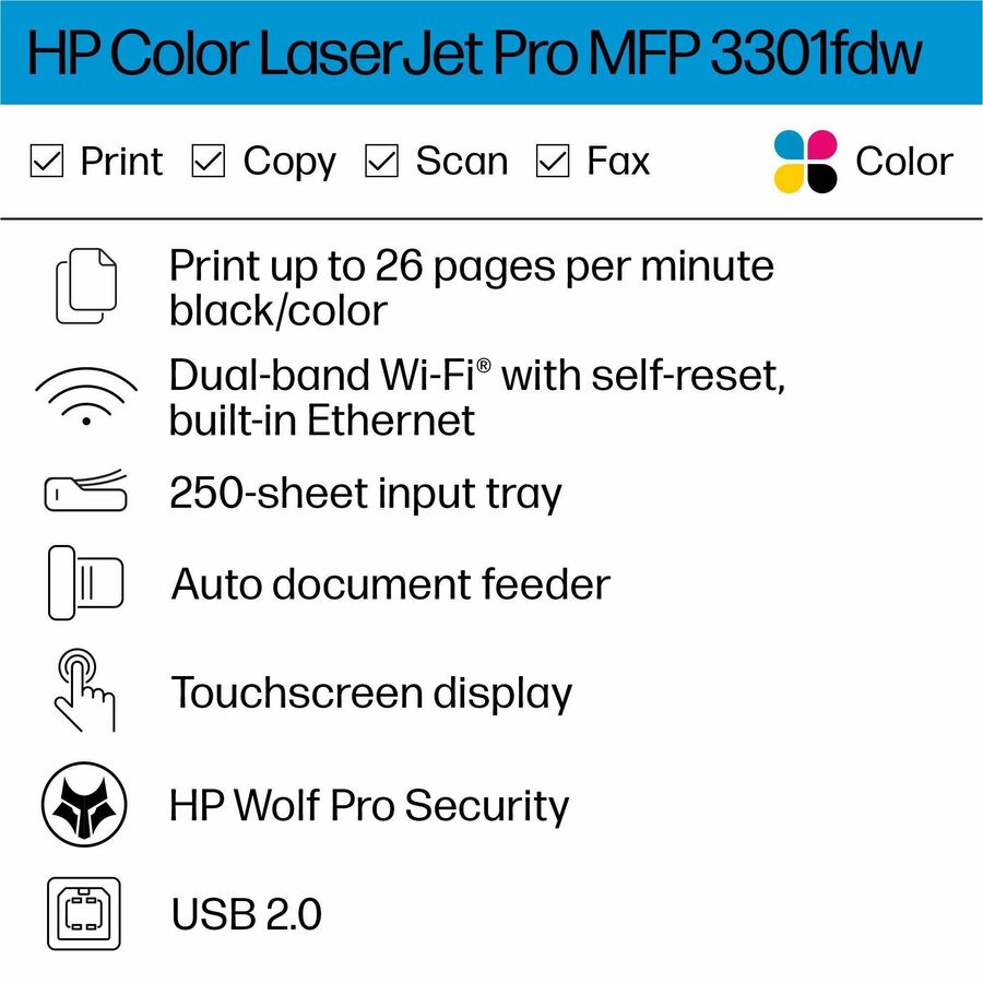 HP LaserJet Pro 3301fdw Wired & Wireless Laser Multifunction Printer - Color - 499Q5F#BGJ