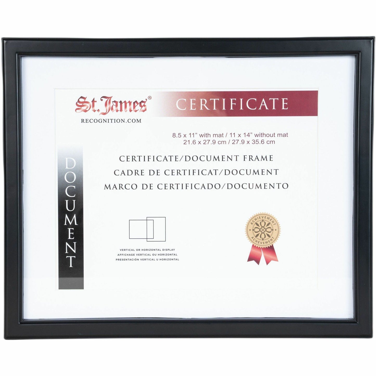 St. James&reg; Certificate/Document/Diploma Frame, 8.5x11" with Mat or 11x14" without Mat, Black, 83918
