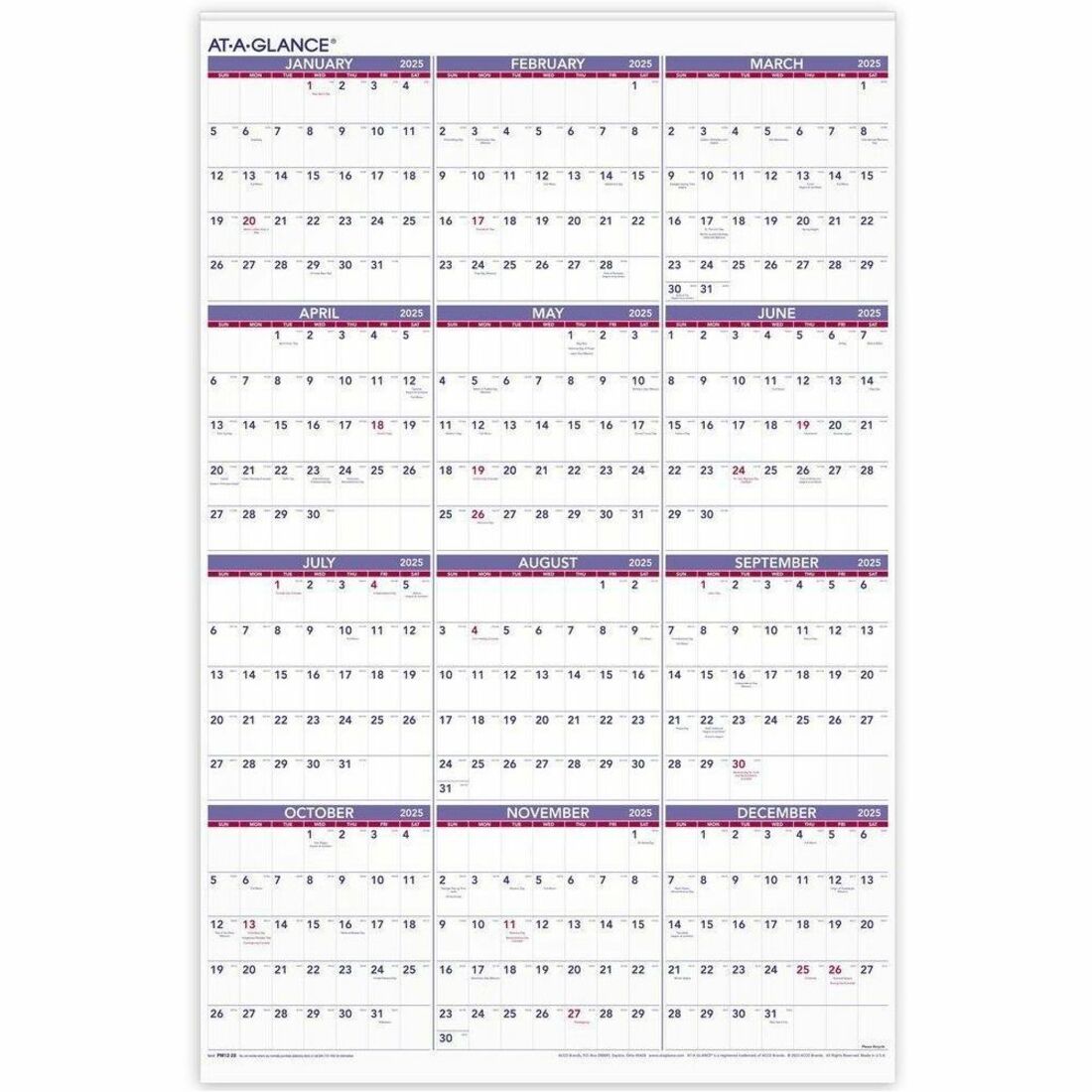 At-A-Glance 2025 Yearly Wall Calendar, Extra Large, 24" x 36"