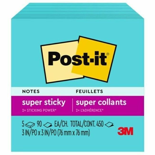 Post-it&reg; Super Sticky Notes, 3 in x 3 in, Aqua Wave, 5 Pads/Pack, 90 Sheets/Pad