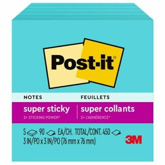 Post-it&reg; Super Sticky Notes, 3 in x 3 in, Aqua Wave, 5 Pads/Pack, 90 Sheets/Pad