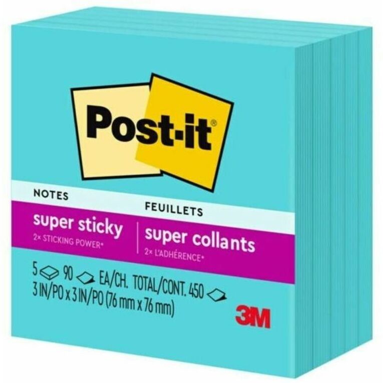 Post-it&reg; Super Sticky Notes, 3 in x 3 in, Aqua Wave, 5 Pads/Pack, 90 Sheets/Pad - 654-5SSWA