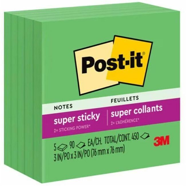 Post-it&reg; Super Sticky Notes, 3 in. x 3 in., Lucky Green, 5 Pads/Pack, 90 Sheets/Pad