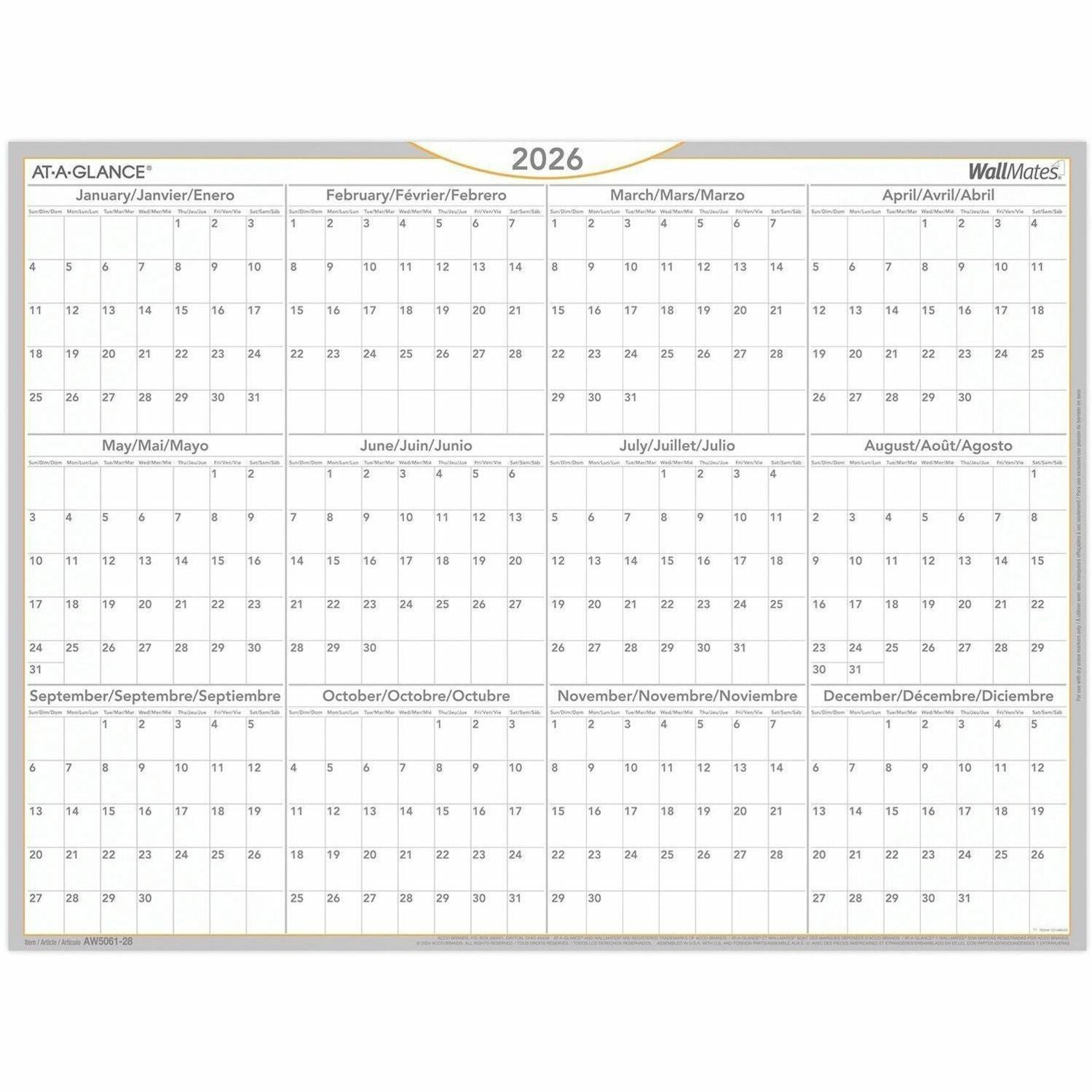 At-A-Glance WallMates Yearly Self-Adhesive Dry Erase Planning Surface, 24" x 18" , bilingual