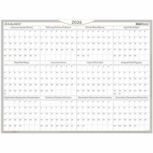 At-A-Glance WallMates Yearly Self-Adhesive Dry Erase Planning Surface, 24" x 18" , bilingual