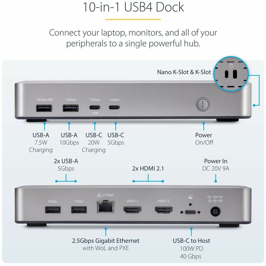 StarTech.com USB4 Docking Station, USB-C 40Gbps, up to Dual 4K 60Hz HDMI, Multi-Monitor Dock, 6-Port USB Hub, 2.5GbE, 100W Power Delivery - 155NA-USB4-DOCK