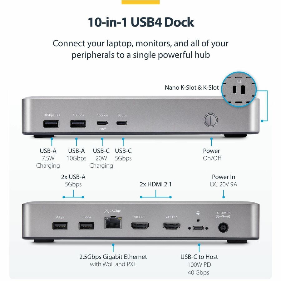 StarTech.com Dual-Monitor USB4 Docking Station, Dual 4K 120Hz or Single 8K 60Hz HDMI, 100W Laptop Charging, 2.5GbE, Driverless USB-C Dock - 155NA-USB4-DOCK