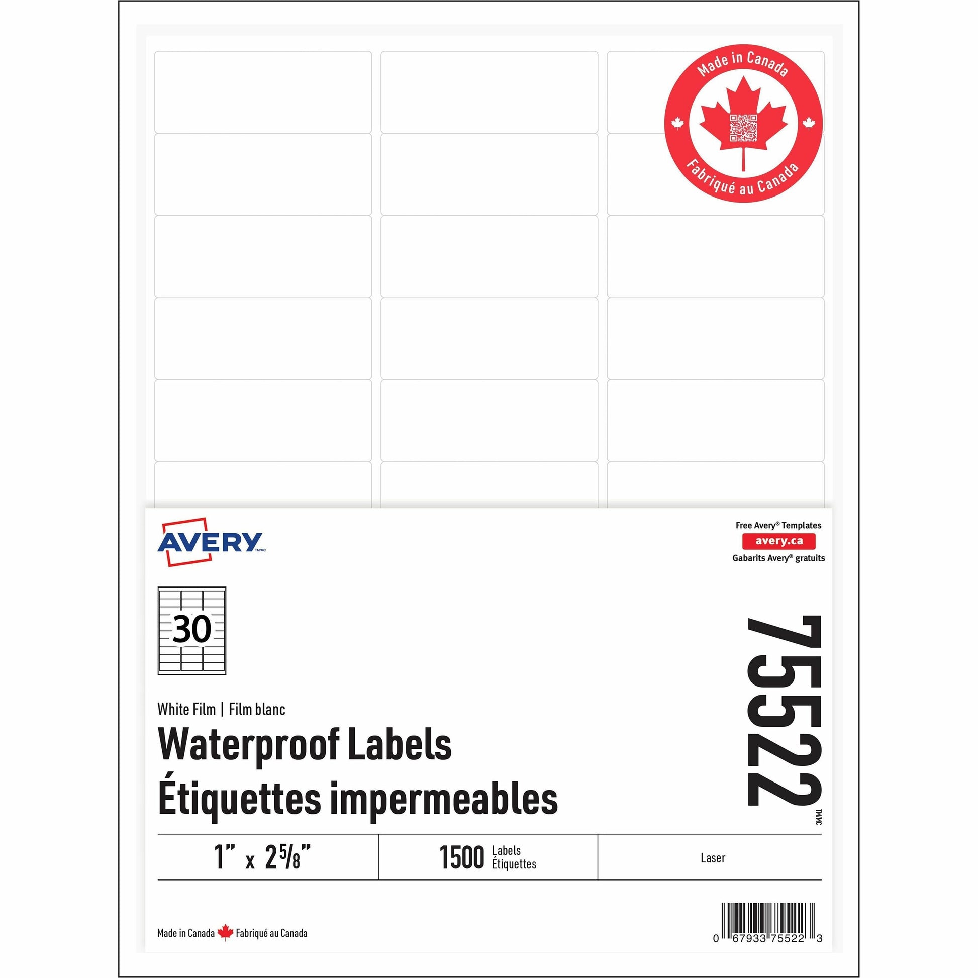 Avery Rectangle Waterproof Labels with Sure Feed™ Technology TrueBlock&reg; 1" x 2-5/8" , Permanent Adhesive, for Laser Printers