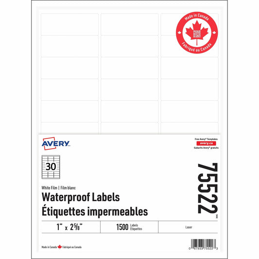 Avery Rectangle Waterproof Labels with Sure Feed™ Technology TrueBlock&reg; 1" x 2-5/8" , Permanent Adhesive, for Laser Printers