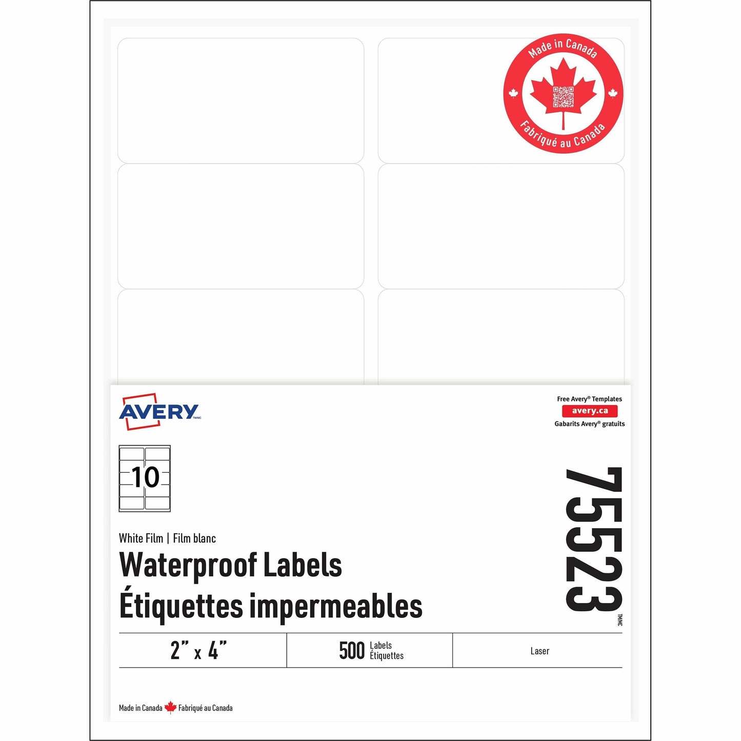 Avery Rectangle Waterproof Labels with Sure Feed™ Technology TrueBlock&reg; 2" x 4" , Permanent Adhesive, for Laser Printers