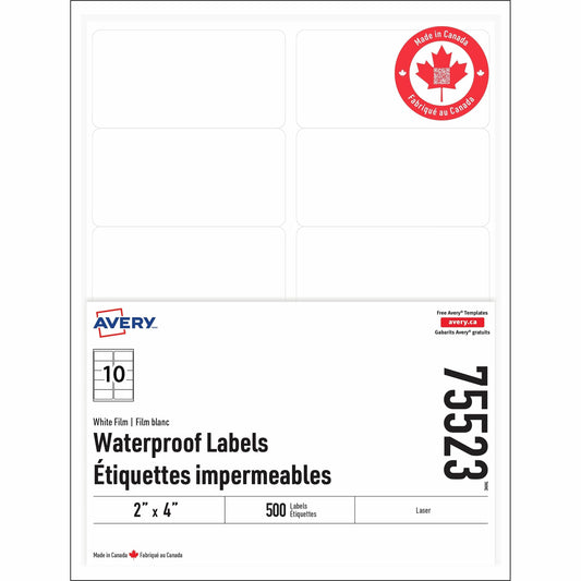 Avery Rectangle Waterproof Labels with Sure Feed™ Technology TrueBlock&reg; 2" x 4" , Permanent Adhesive, for Laser Printers