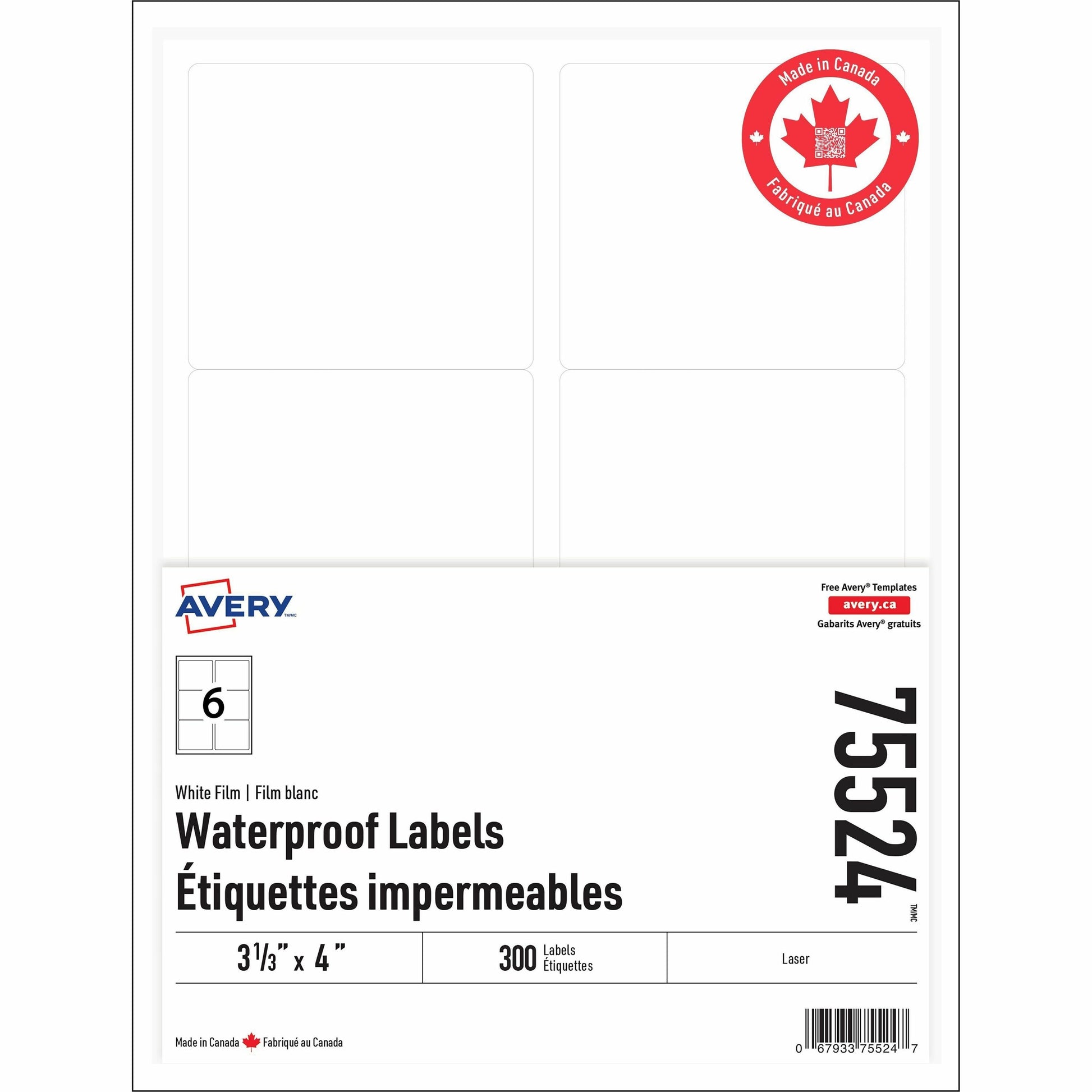 Avery Rectangle Waterproof Labels with Sure Feed™ Technology TrueBlock&reg; 3-1/3" x 4" , Permanent Adhesive, for Laser Printers