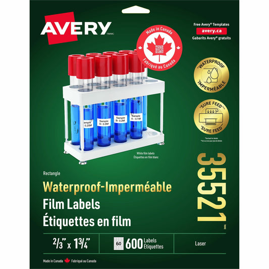Avery Rectangle Waterproof Labels with Sure Feed™ Technology TrueBlock&reg; 2/3" x 1-3/4" , Permanent Adhesive, for Laser Printers