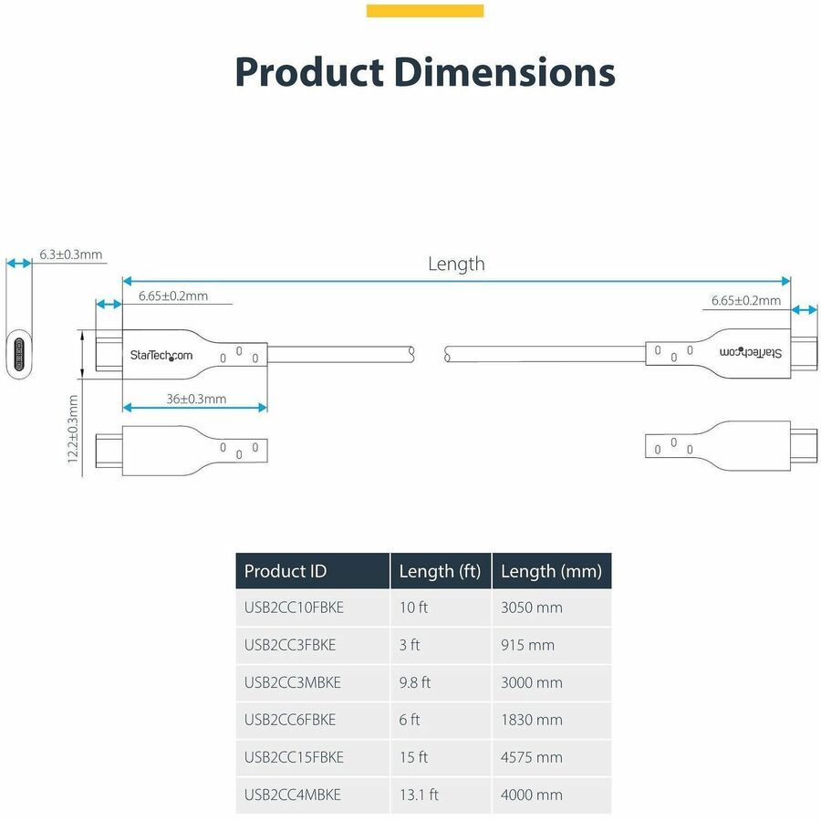 StarTech.com 6ft (1.8m) USB-C Charging Cable, USB 2.0 Type-C Laptop Charger Cord, 60W Power Delivery, TPE Jacket, Data Transfer Cable - USB2CC6FBKE