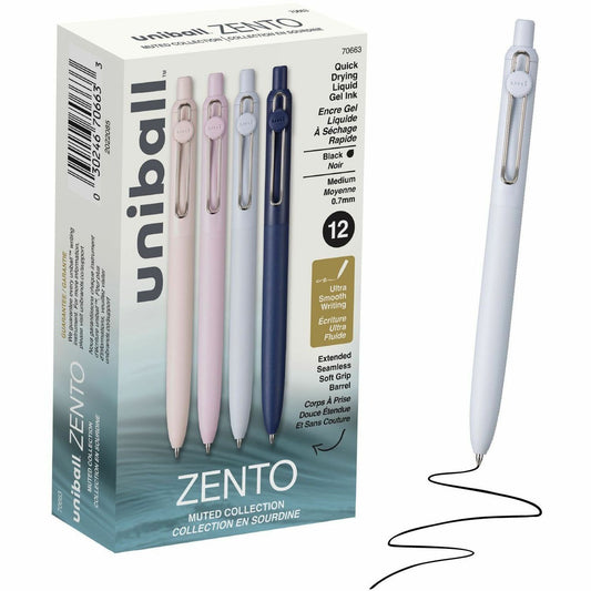uniball™ Zento Retractable Liquid Gel Pens, 0.7mm Medium Point, Black Ink, Muted Barrel Colors, 12 Count