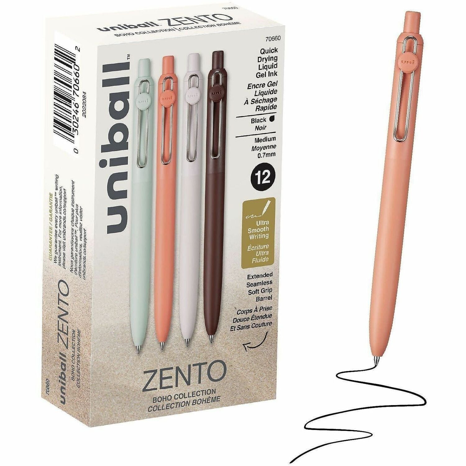 uniball™ Zento Retractable Liquid Gel Pens, 0.7mm Medium Point, Black Ink, Boho Barrel Colors, 12 Count