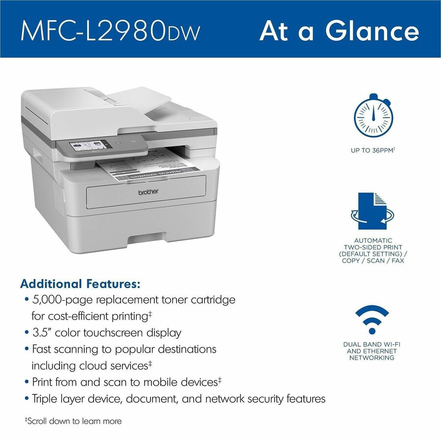 Brother MFC-L2980DW Wired & Wireless Laser Multifunction Printer - Monochrome - MFCL2980DW