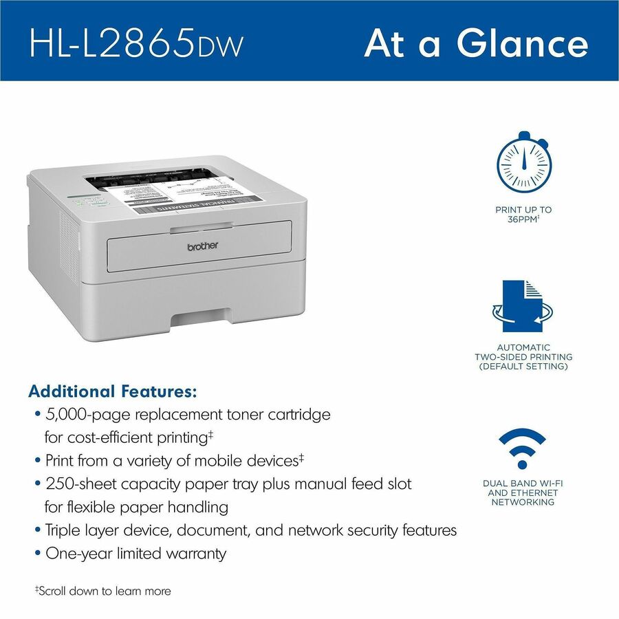 Brother HL-L2865DW Wireless Laser Printer - Monochrome - HLL2865DW