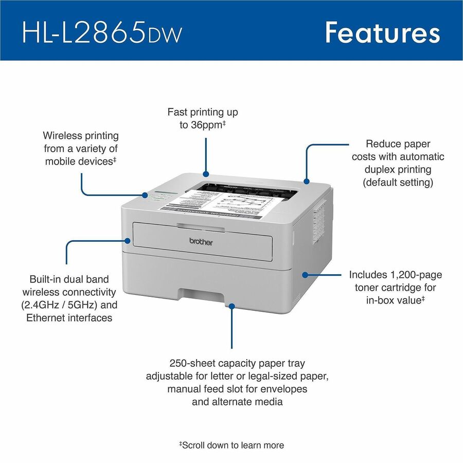 Brother HL-L2865DW Wireless Laser Printer - Monochrome - HLL2865DW