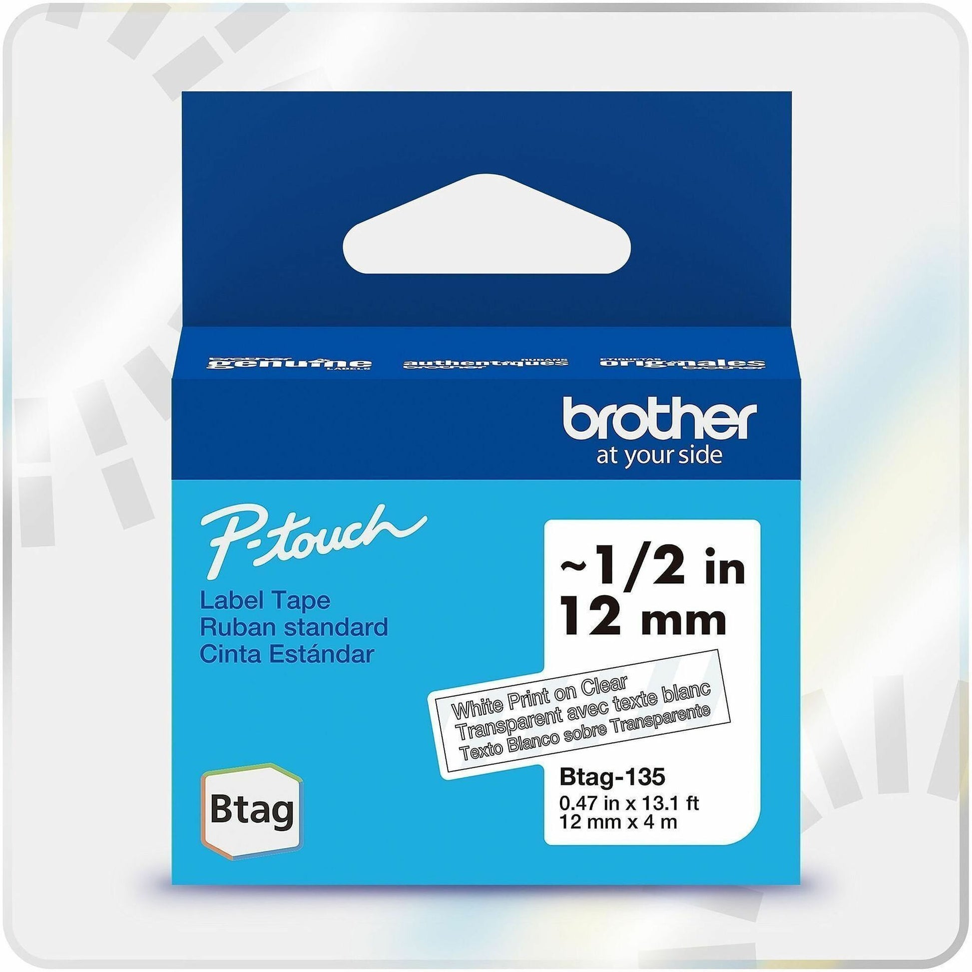 Brother P-touch BTAG-135 White on Clear Label Tape
