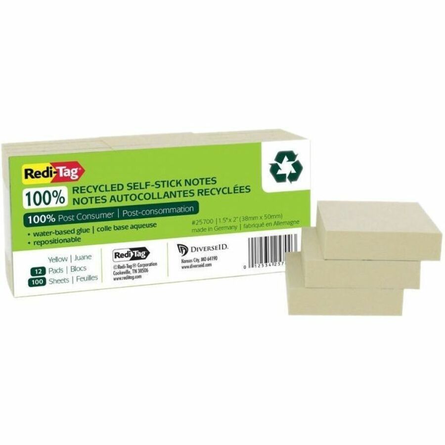 Redi-Tag 100% Recycled Self-Stick Notes, 1.5" x 2" , Pale Yellow, 1,200/Pack