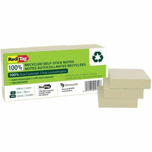 Redi-Tag 100% Recycled Self-Stick Notes, 1.5" x 2" , Pale Yellow, 1,200/Pack