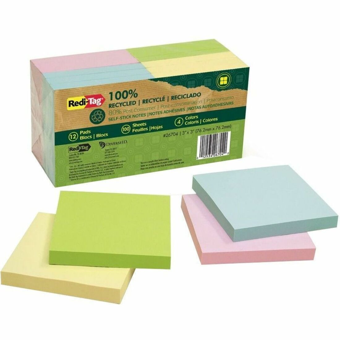 Redi-Tag 100% Recycled Self-Stick Notes, 3" x 3" , Assorted Pastel Colors, 1,200/Pack