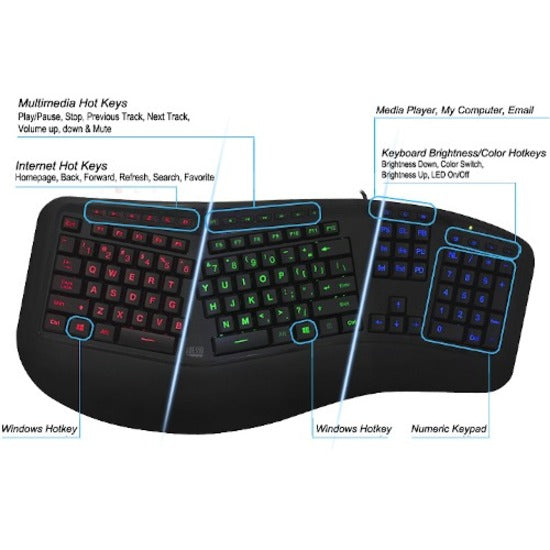 Adesso AKB-150EB Color Illuminated Ergonomic Keyboard - AKB-150EB-FR