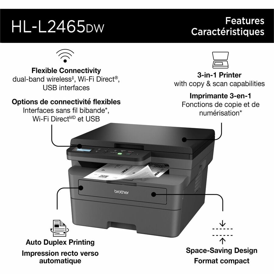Brother HL-L2465DW Wired & Wireless Laser Multifunction Printer - Monochrome - HLL2465DW