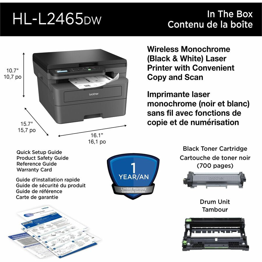 Brother HL-L2465DW Wired & Wireless Laser Multifunction Printer - Monochrome - HLL2465DW