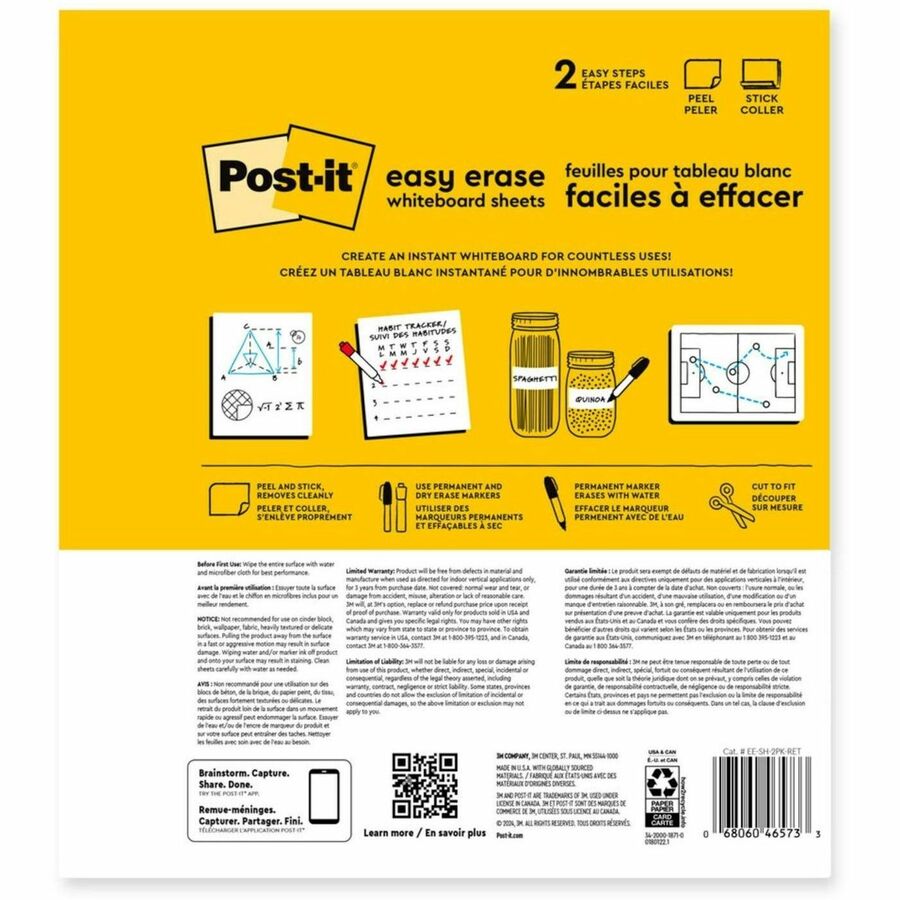 Post-it&reg; Easy Erase Whiteboard Surface, White, 9.1" x 9.1" - EE-SH-2PK-RET
