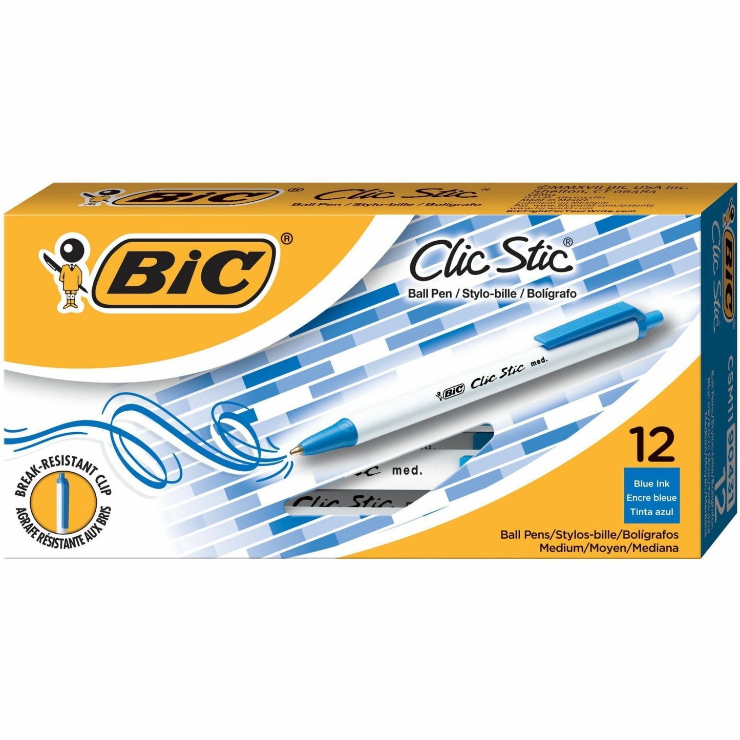 BIC Clic Stic Fashion Retractable Ball Point Pen, Blue, 12 Pack