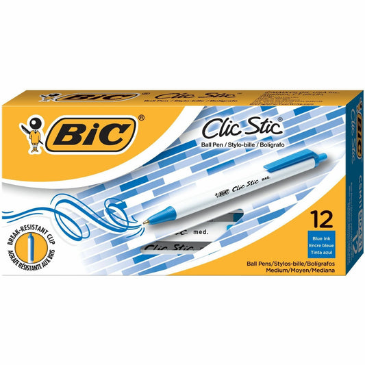 BIC Clic Stic Fashion Retractable Ball Point Pen, Blue, 12 Pack