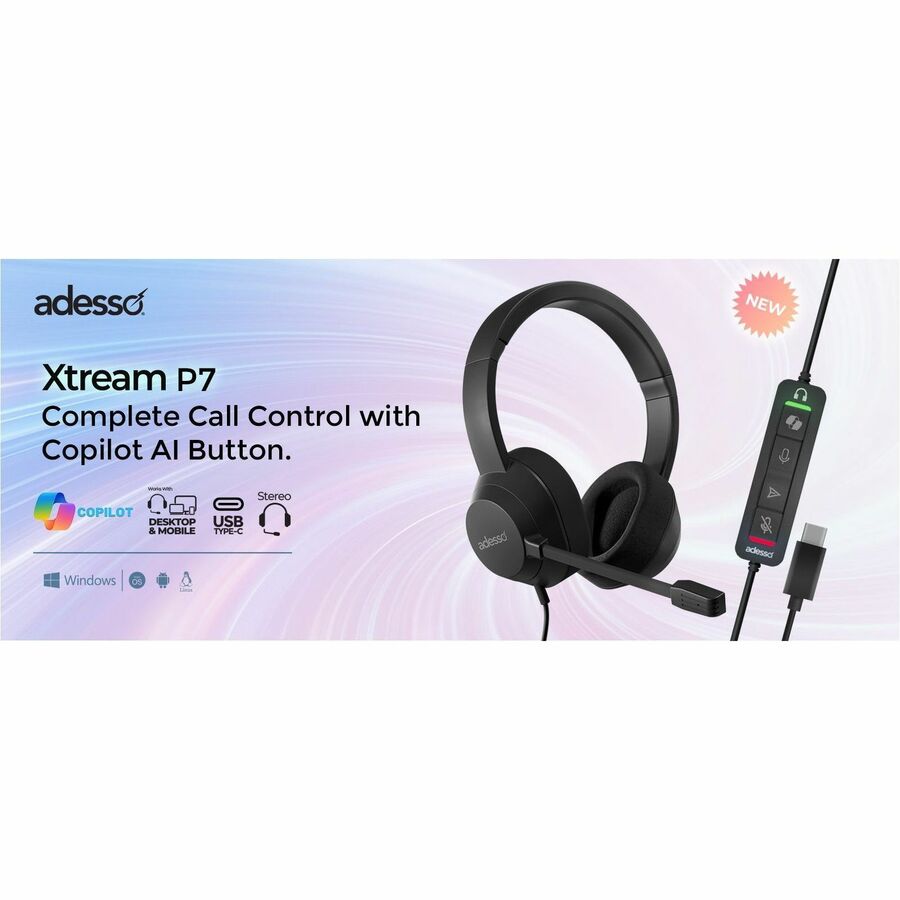 Adesso Xtream P7 Wired Stereo Headset With AI Controls - XtreamP7