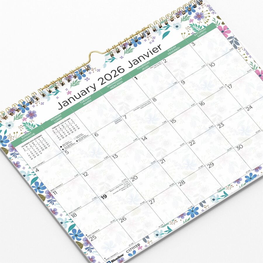 Blueline Wildflowers Monthly Wall Calendar. 15" x 12" , Bilingual - C171113B