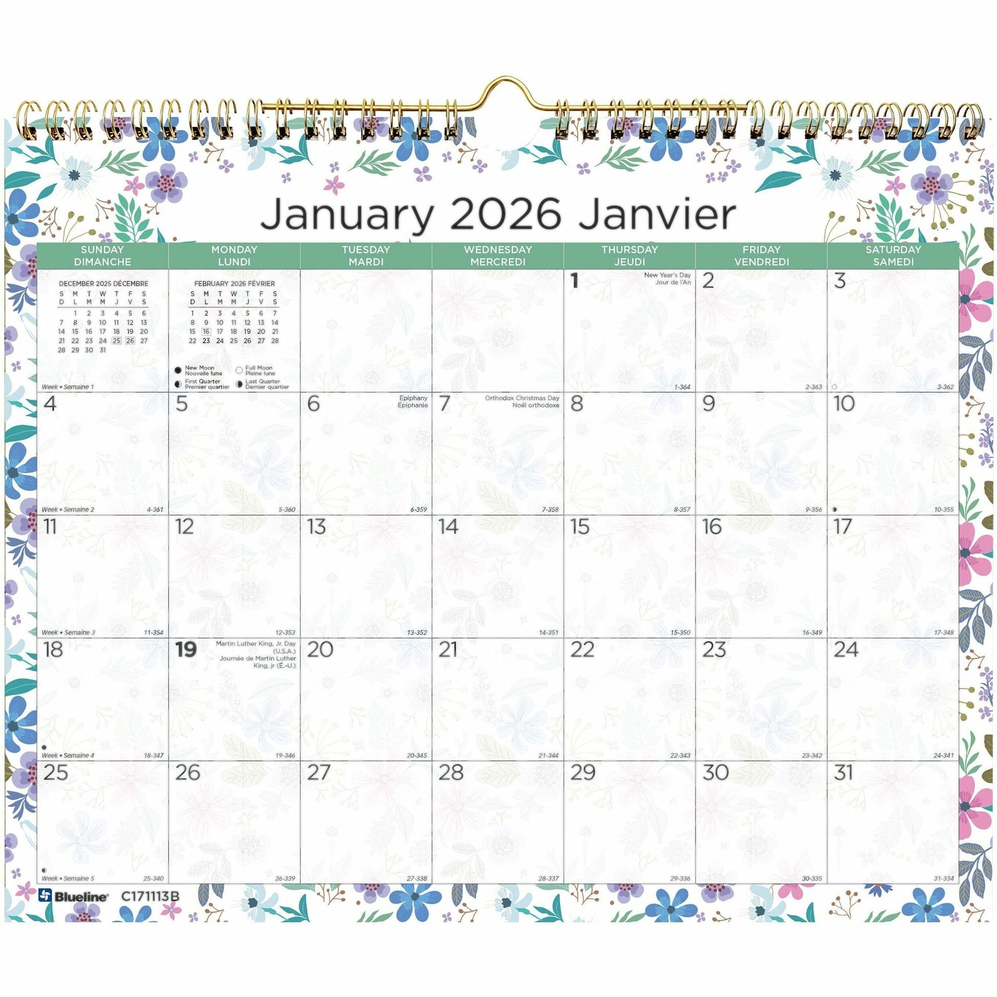 Blueline Wildflowers Monthly Wall Calendar. 15" x 12" , Bilingual