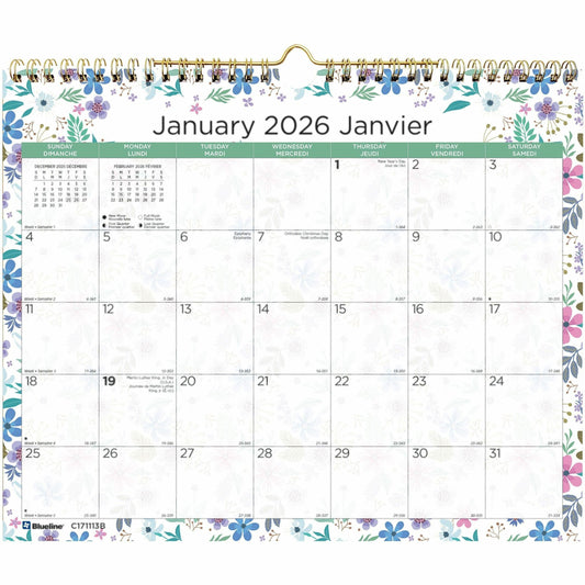 Blueline Wildflowers Monthly Wall Calendar. 15" x 12" , Bilingual