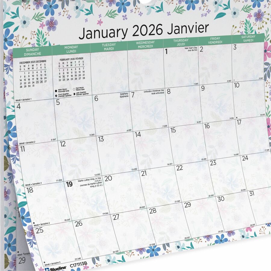 Blueline Wildflowers Monthly Wall Calendar. 15" x 12" , Bilingual - C171113B