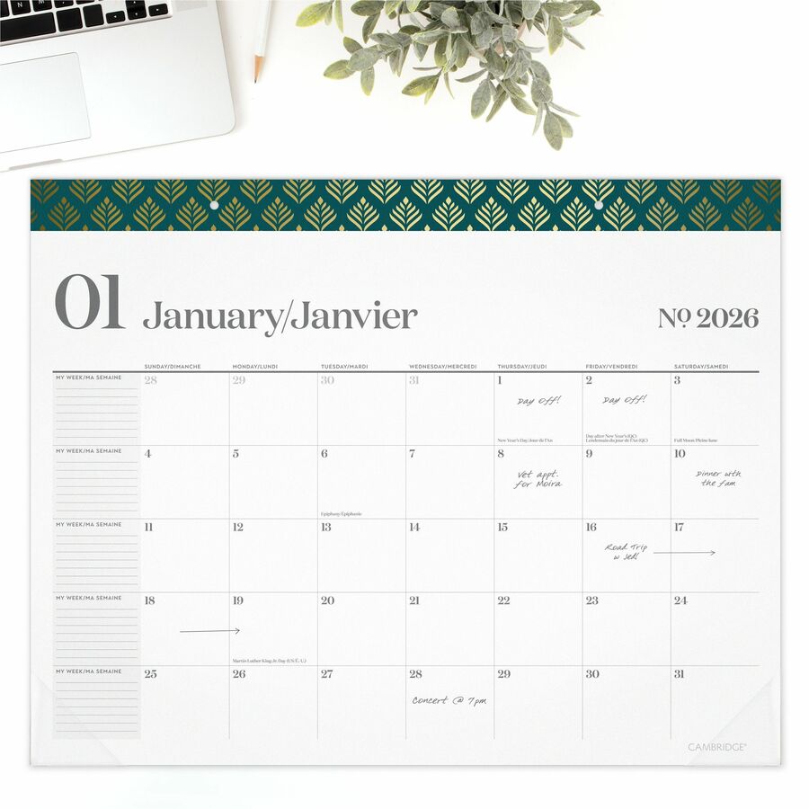 Cambridge Workstyle Monthly Desk Pad Calendar, 21-3/4" x 17" , Bilingual - 1606-704F-26
