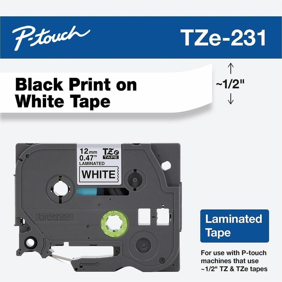 Brother Genuine P-touch TZe231 BK on WHT Label Tape, Laminated, 12mmX8m - TZE231G