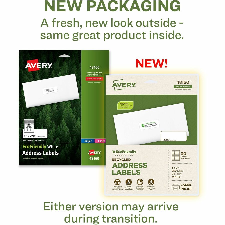 Avery&reg; Eco-Friendly Address Labels for Laser and Inkjet Printers, 1" x 2?" - 48160-NVXC