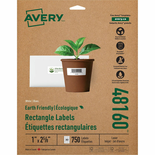 Avery&reg; Earth Friendly Rectangle Labels for Laser and Inkjet printers, 1 x 2 5/8"
